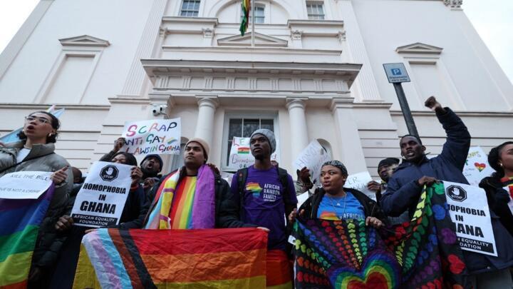 File photo of people gathering outside the Ghana High Commission in London on March 6, 2024, to protest against Ghana's anti-LGBTQ+ bill.