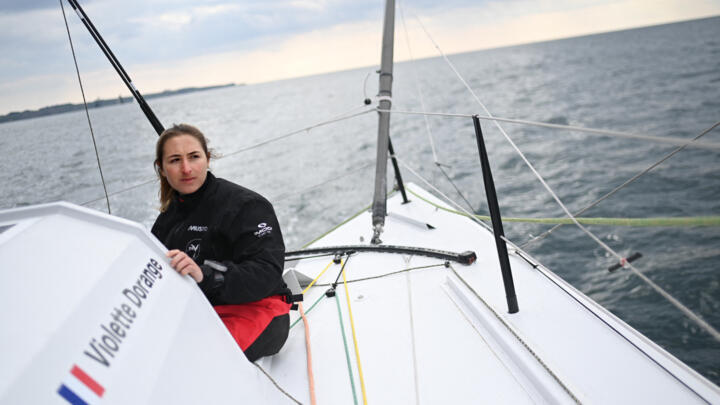 French skipper Violette Dorange training for the Vendée Globe off the coast of Brittany on April 23, 2024.