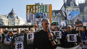 Protesters call for the release of Sea Shepherd founder Paul Watson at a rally in central Paris on October 24, 2024.