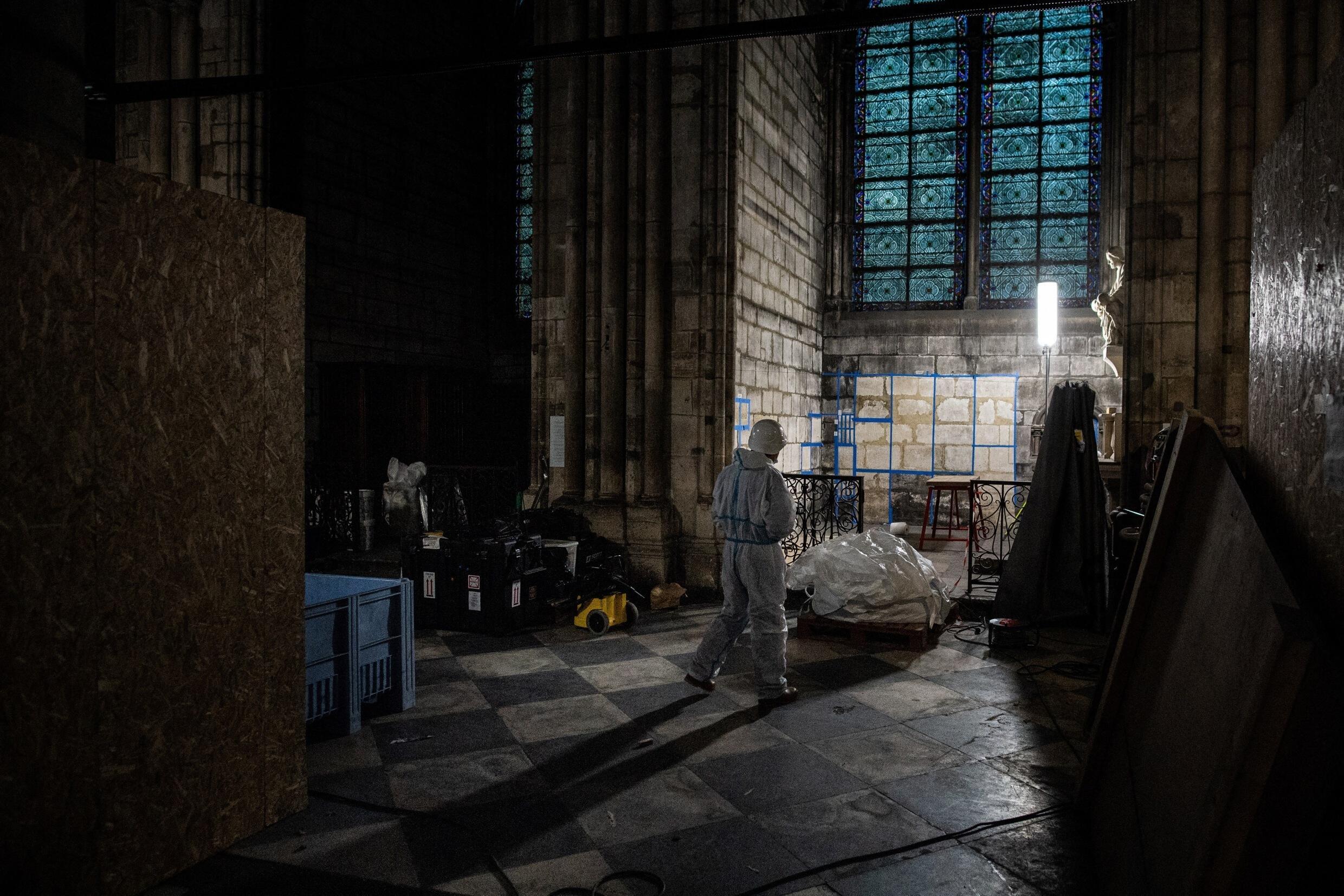 Paris Cathedrals rector Patrick Chauvet visits Notre-Dame on November 24, 2020 during reconstruction works.