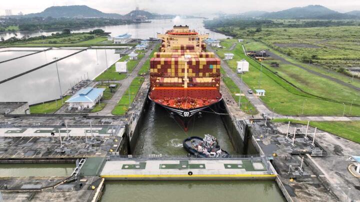 This handout picture released by the Panama Canal Authority on August 30, 2024, shows the container ship MSC Marie, of 366 meters long and 51 meters wide, transiting the Panama Canal in Panama.
