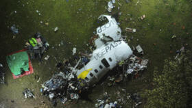 Debris is seen at the site where an airplane crashed with 62 people on board in Vinhedo, Sao Paulo state, Brazil, early on August 10, 2024, the day following the disaster.