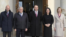 From left, France's Minister for Europe and Foreign Affairs Jean-Noel Barrot, Italy's Foreign Minister Antonio Tajani, Poland's Foreign Minister Radoslaw Sikorski, Germany's Foreign Minister Annalena