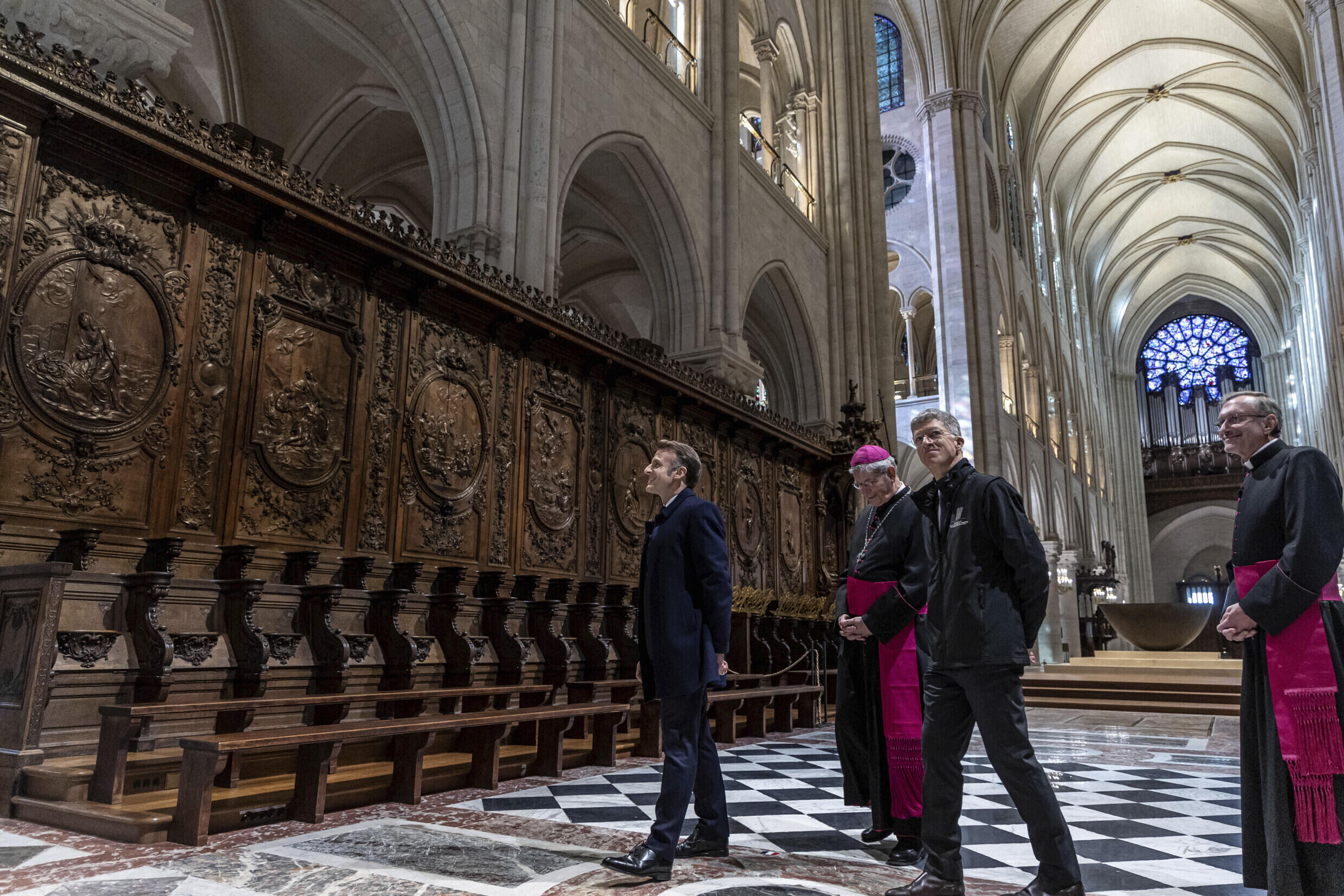 French President Emmanuel Macron visits the restored cathedral on November 29, 2024.