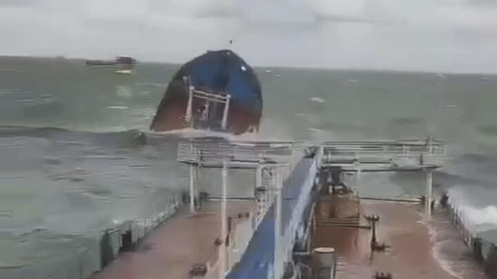 A Russian-flagged tanker is wrecked by a storm in the Kerch Strait on December 15, 2024.