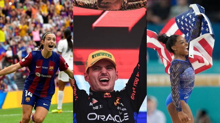 Aitana Bonmatí celebra su gol en la final de la Champions League femenina contra Lyon en Bilbao el 25 de mayo de 2024, Max Verstappen levanta su trofeo de campeón del Gran Premio de Brasil en Sao Paulo el 3 de noviembre de 2024, y Simone Biles agita la bandera estadounidense luego de imponerse en el concurso general de la gimnasia artística en los Juegos Olímpicos de París 2024 el 1 de agosto de 2024. Los tres estuvieron entre los mejores atletas de la temporada